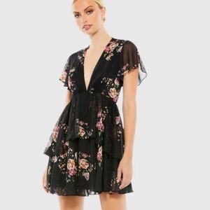 Mac Duggal, Tiered Ruffle Floral Print V Neck Butterfly Sleeve